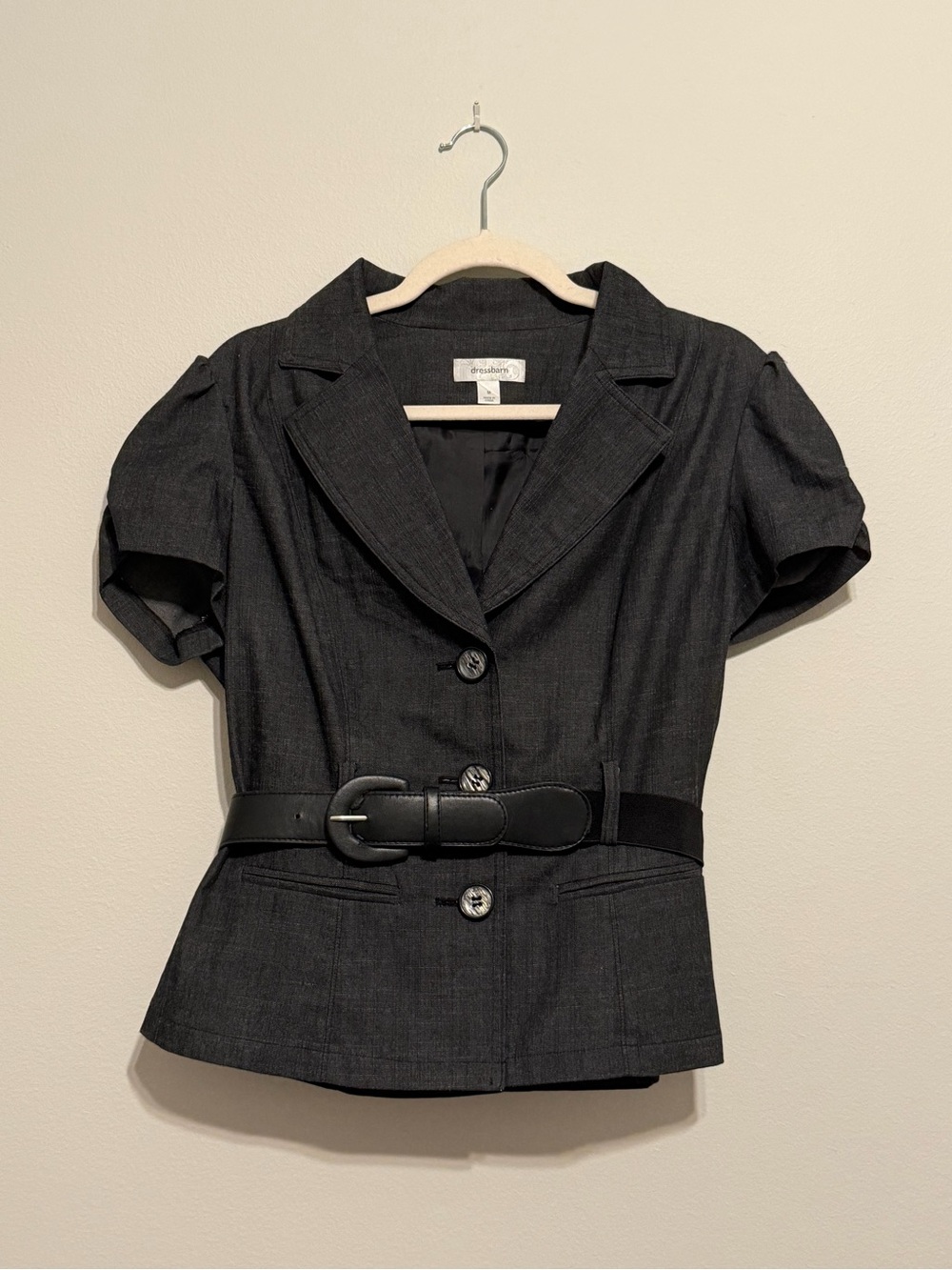Dress Barn Gray Black Textured Short Sleeve Suit with Belt